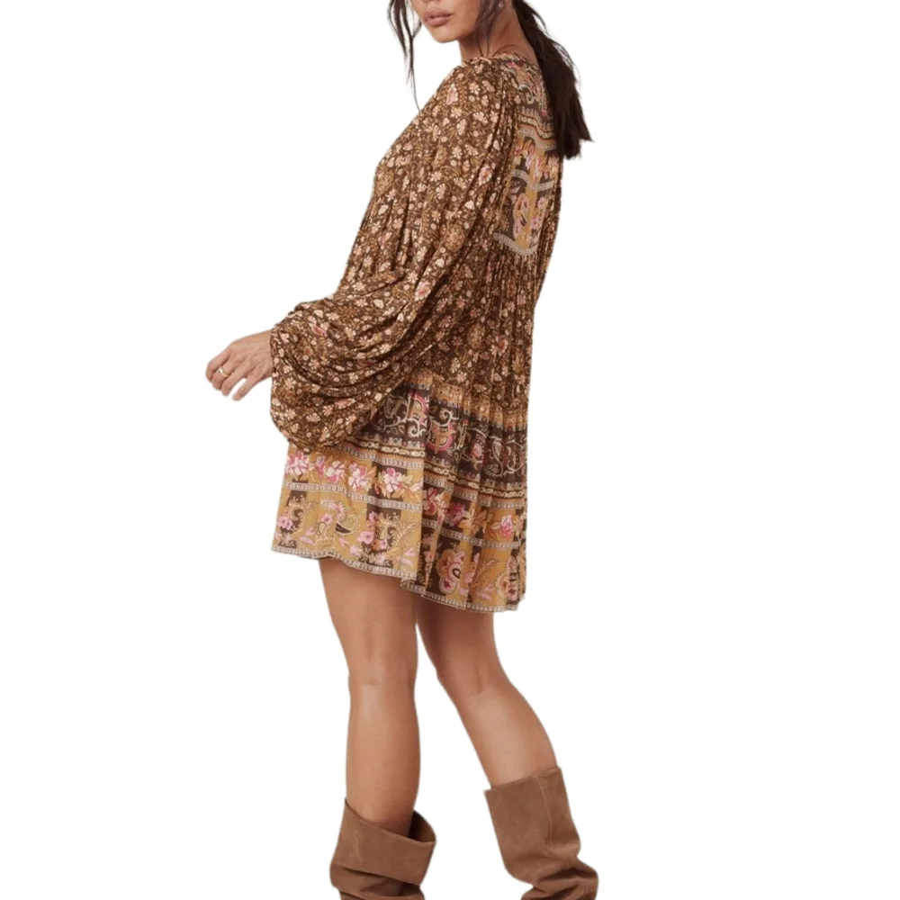 SPELL | Madame Peacock Boho Mini Dress - Coffee - Picture 2 of 7